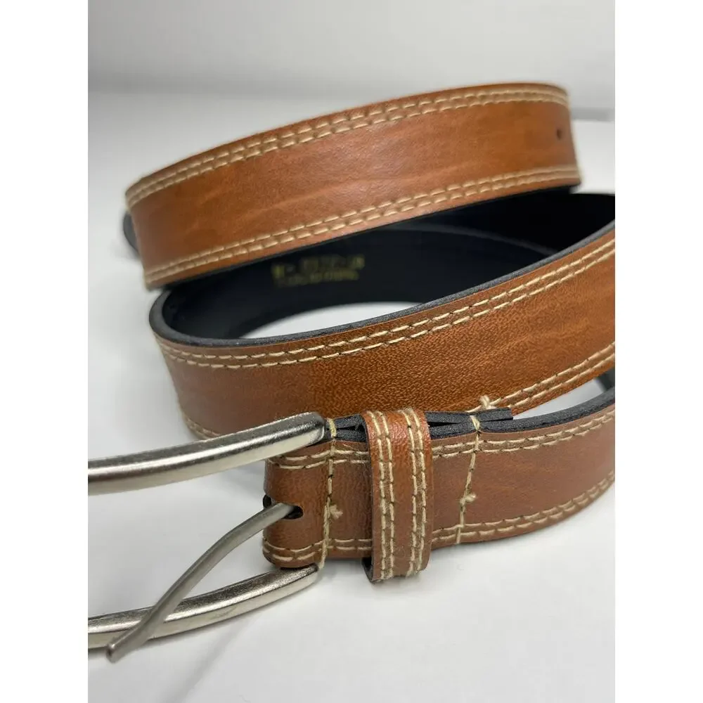 Vintage Women’s Brown Faux Leather Belt, Silver Buckle, Contrast Stitching 41.5”